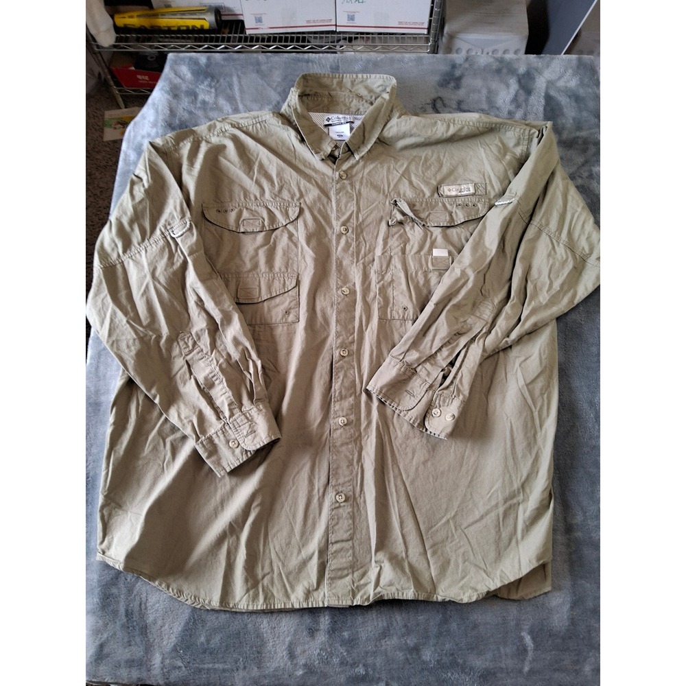 Columbia PFG‎ Bahama II Fishing Shirt Mens XXL Khaki Tan Long Sleeve Vented